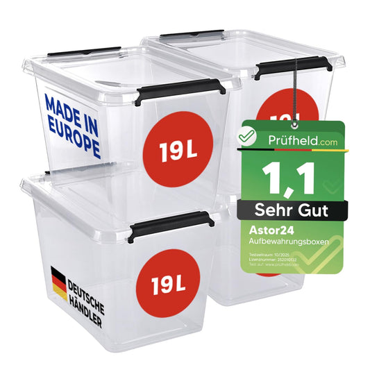 astor24 Storage Box with Lid - Transparent Organiser 40 L - Food Safe - Stackable. Ideal for Office, Children's Room, Clothes Boxes - Kitchen - Workshop