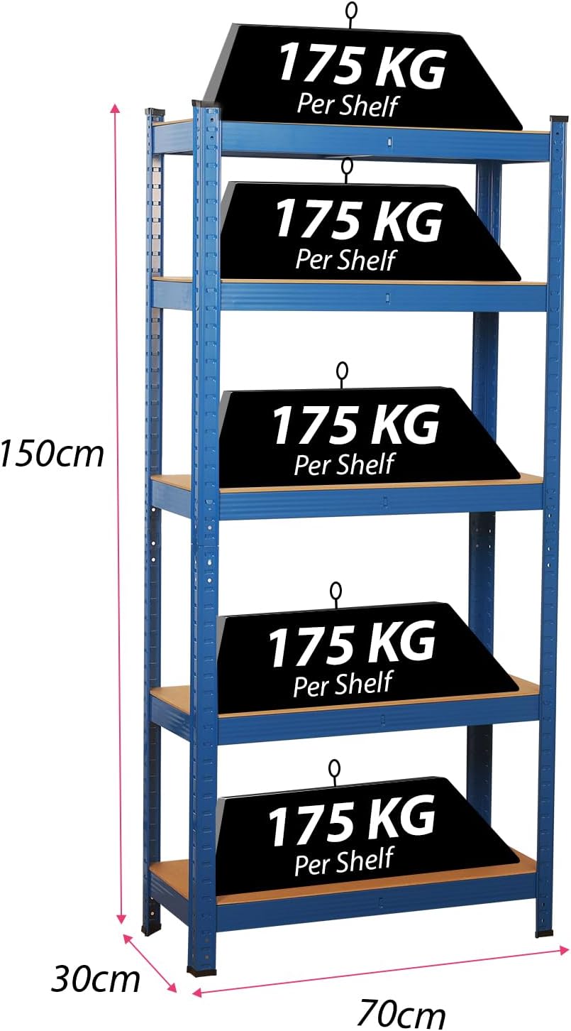 SIGNZWORLD Premium Heavy Duty Shelving Unit 150 x 70 x 30 cm, Mounting Material 875 kg Load Capacity, 5 Adjustable Sturdy Shelving MDF Panels for Storage Shelving Basement Shelving Garage Cellar Room