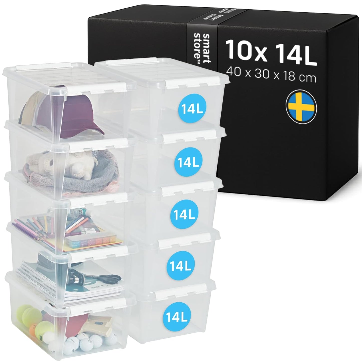SmartStore Storage Box with Lid, 14 Litres, Pack of 4, Reinforced, Large, Transparent, Food Safe, with Clip Closure, Stackable, BPA-Free Plastic, 40 x 30 x 18 cm (L x W x H)
