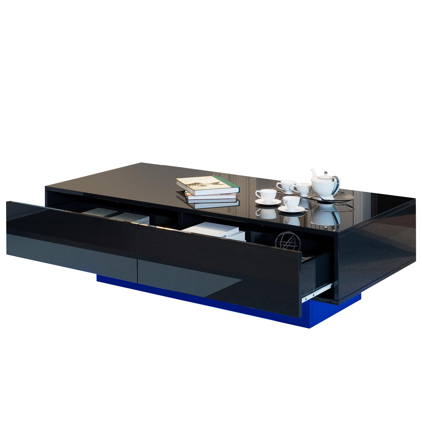 Merax Coffee Table LED High Gloss Middle Table Tea Table for Living Room Black Living Room Table with 2 Drawers and Open Compartment, Rectangular Side Table Sofa Table Coffee Table for Bedroom Office