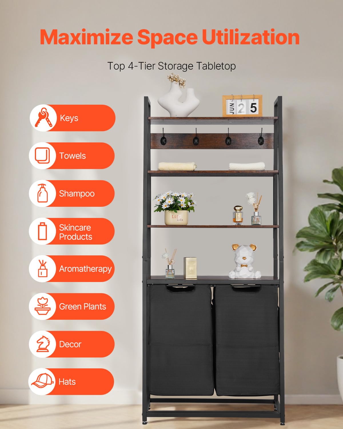 VEVOR Wäschekorb Wäschesortierer mit 4 Ebenen (600D Oxfordstoff), Wäschesammler mit Leiterregalen, Wäschetrenner Wäsche-Sortiersystem für schmutzige Kleidung Waschküche Schwarz