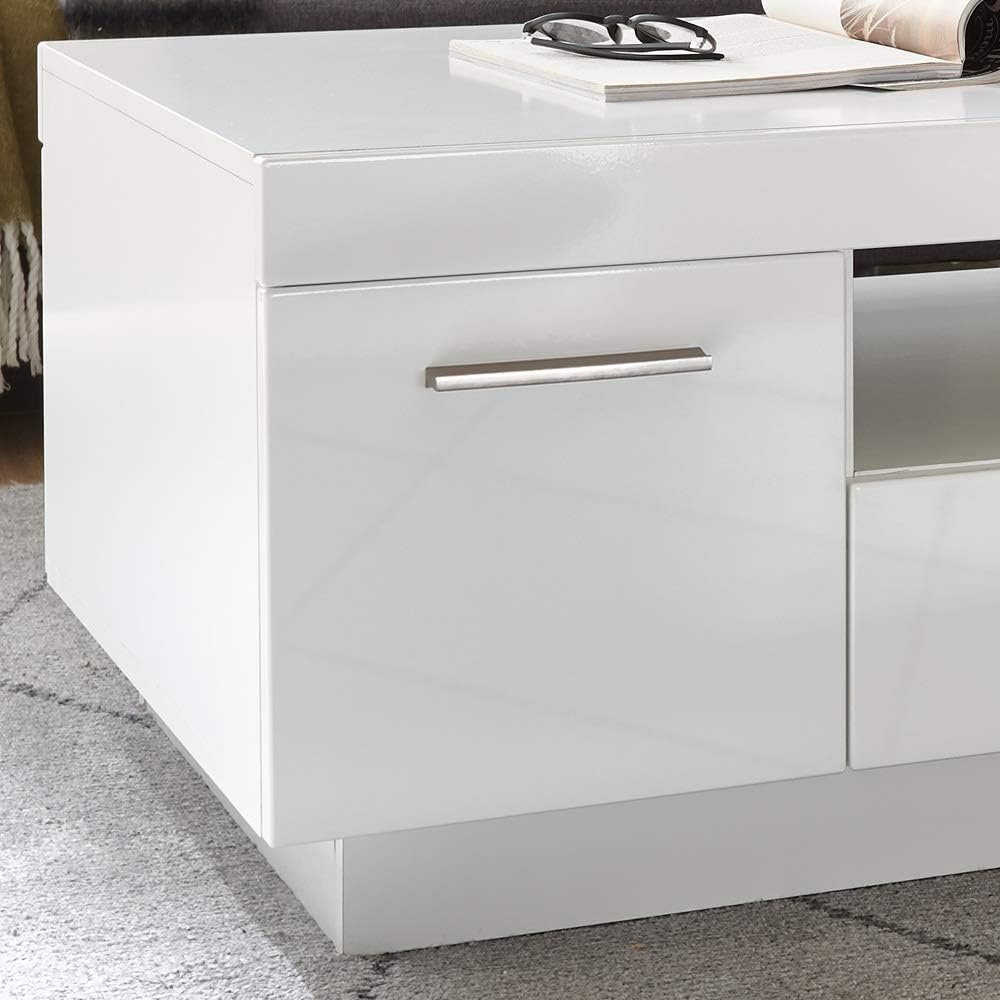 Lomadox Coffee Table High-Gloss White 1 Door 1 Drawer Storage Compartment W x H x D 110 x 44 x 65 cm