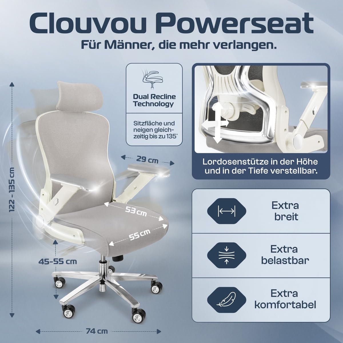 CLOUVOU BrightSeat Ergonomic Office Chair [Test Winner] Desk Chair 100% Individually Adjustable Office Chair & Gaming Chair Computer Chair Home Office Chair Ergonomic Swivel Chair 150 kg