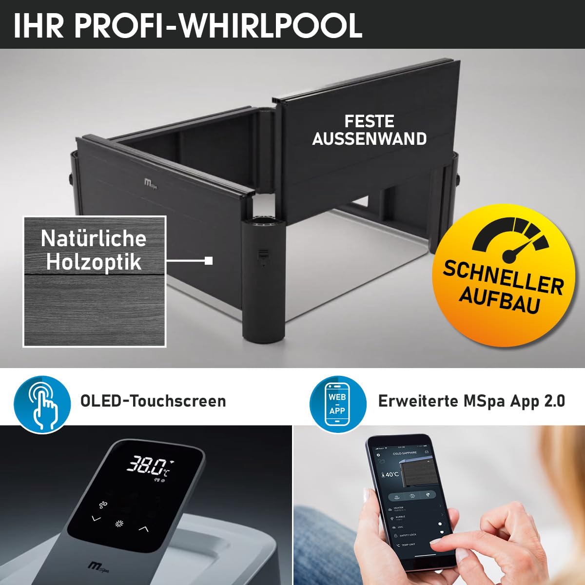 BRAST Whirlpool MSpa Oslo & Oslo Plus XXL mit Fester Außenwand | 160x160x65cm - 180x180x65cm | LED-Beleuchtung 20 Farben | 6 Personen | 120-140 Massagedüsen | Ganzjähriger Einsatz Winterfest