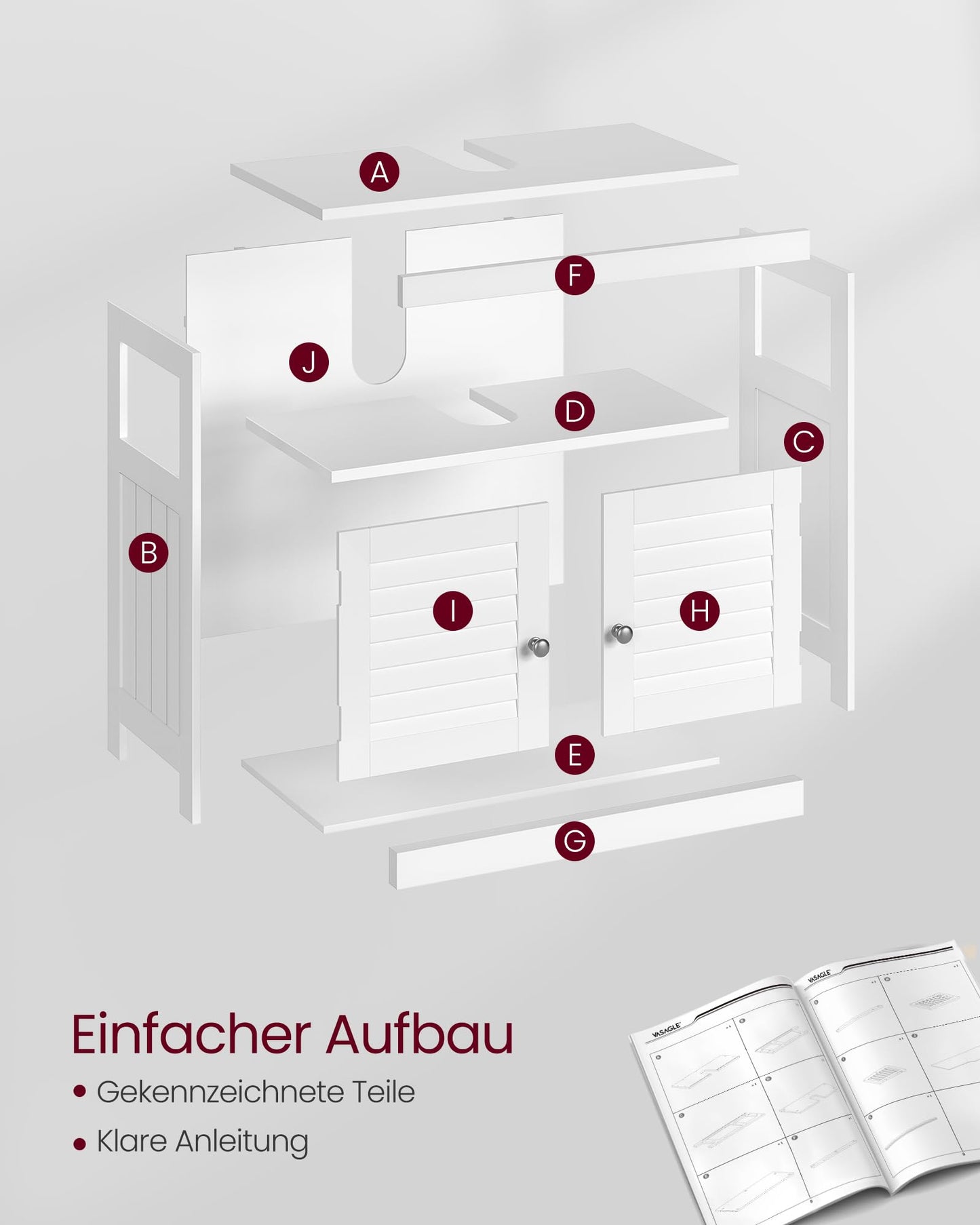 Vasagle BBC05WT Scandinavian Style Bathroom Cabinet, Storage Cabinet 60 x 30 x 60 cm with 2 Slat Doors, Adjustable Shelf with Handles - Matt White