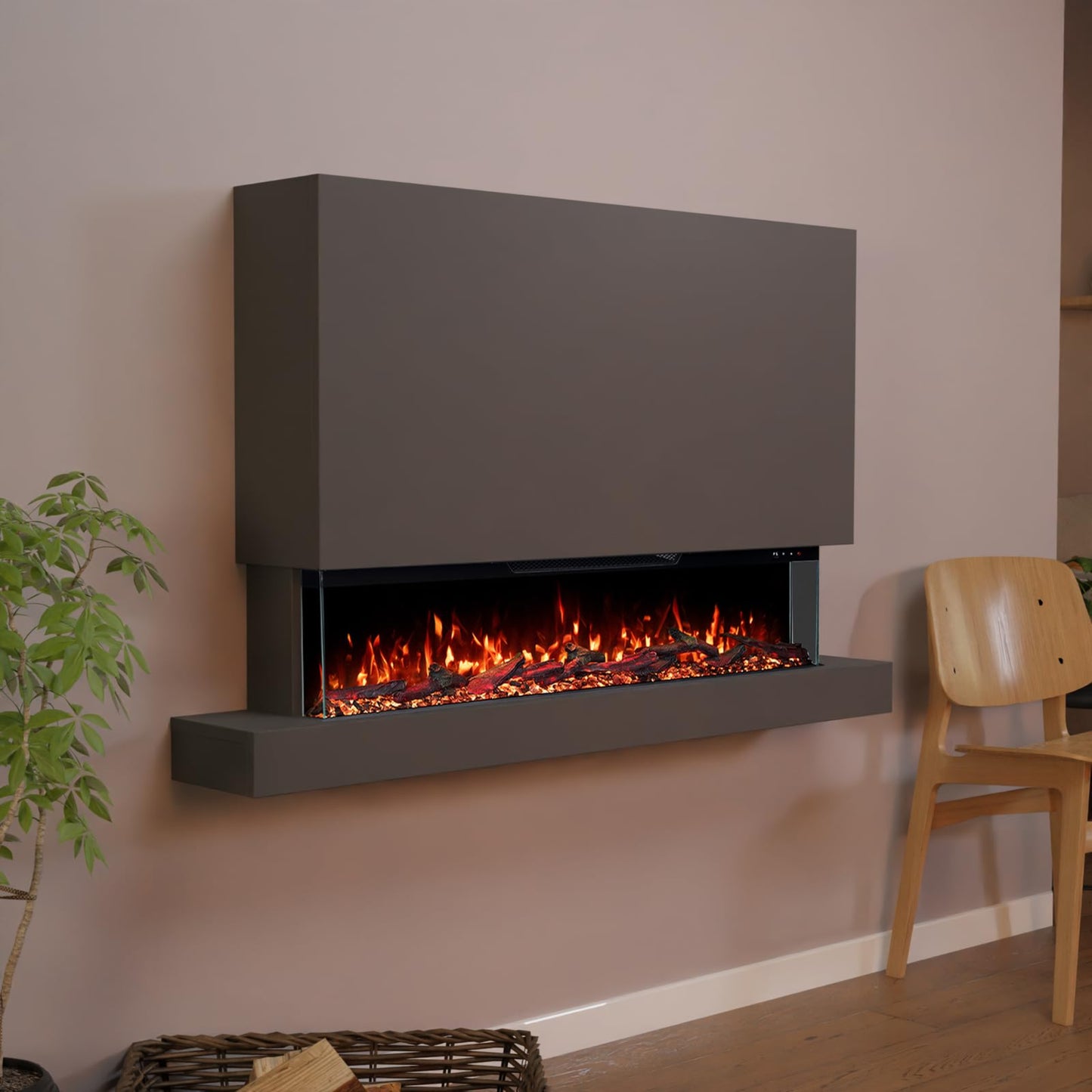 GLOW FIRE Clear Wall XL Electric Fireplace with Realistic 3D LED Fire - Standing Electric Fireplace with Heater and Fireplace, App Control, Crinkle Effect & Timer, Max. 1800 W, 137 x 85 x 21 cm, Black
