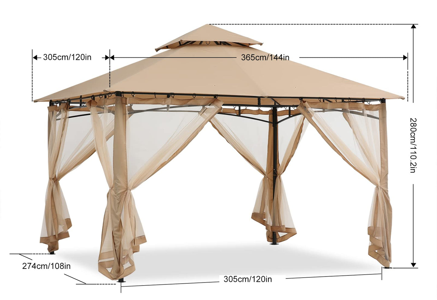 ABCCANOPY Pavillon 2.5x2.5m Wasserdicht Stabil Winterfest Gartenpavillon，Doppeldachweichdach Hinterhof-Partyzelt mit Netz für Schatten und Regen,Grau