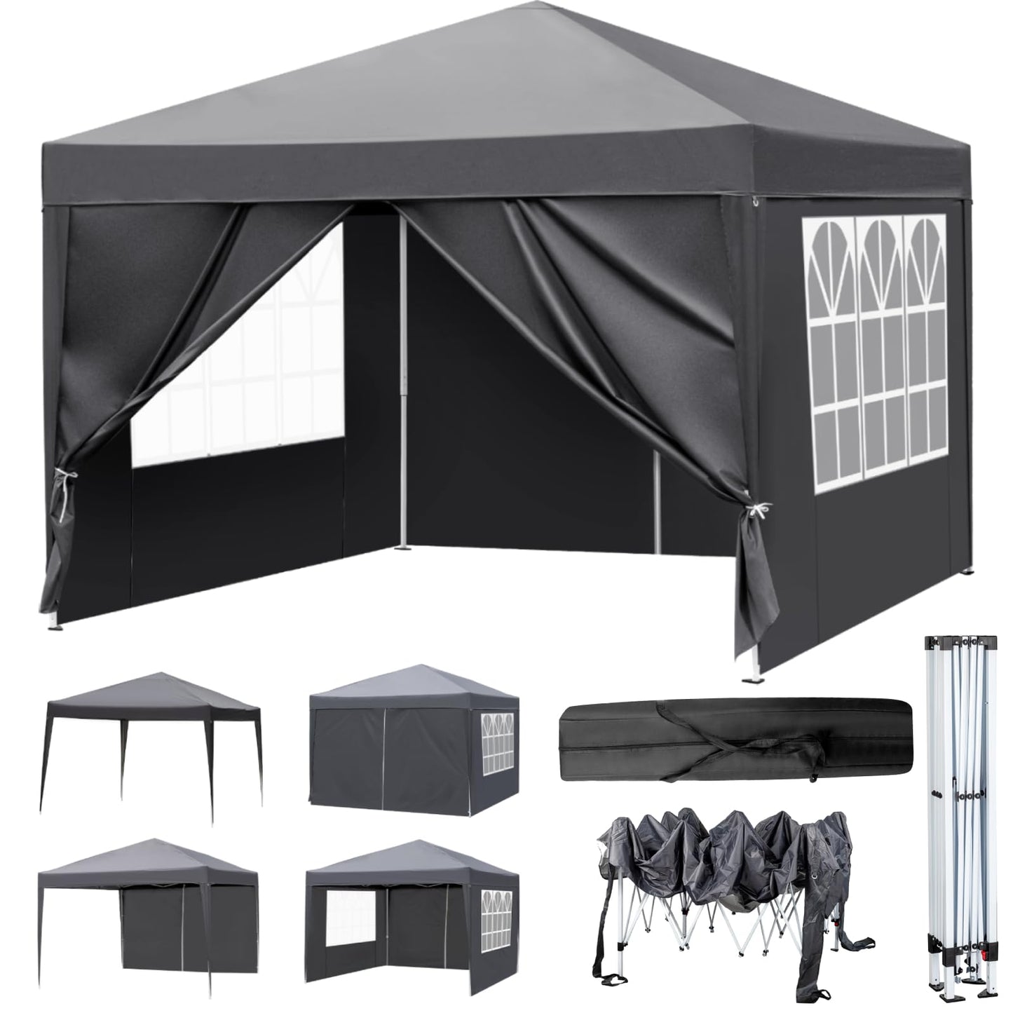 LEADZM Gazebo 3 x 3 m, Folding Gazebo, Waterproof, UV Protection 50+, Height Adjustable with 4 Mosquito Nets, Sturdy, Ideal for Garden, Patio, Camping and Commercial Use