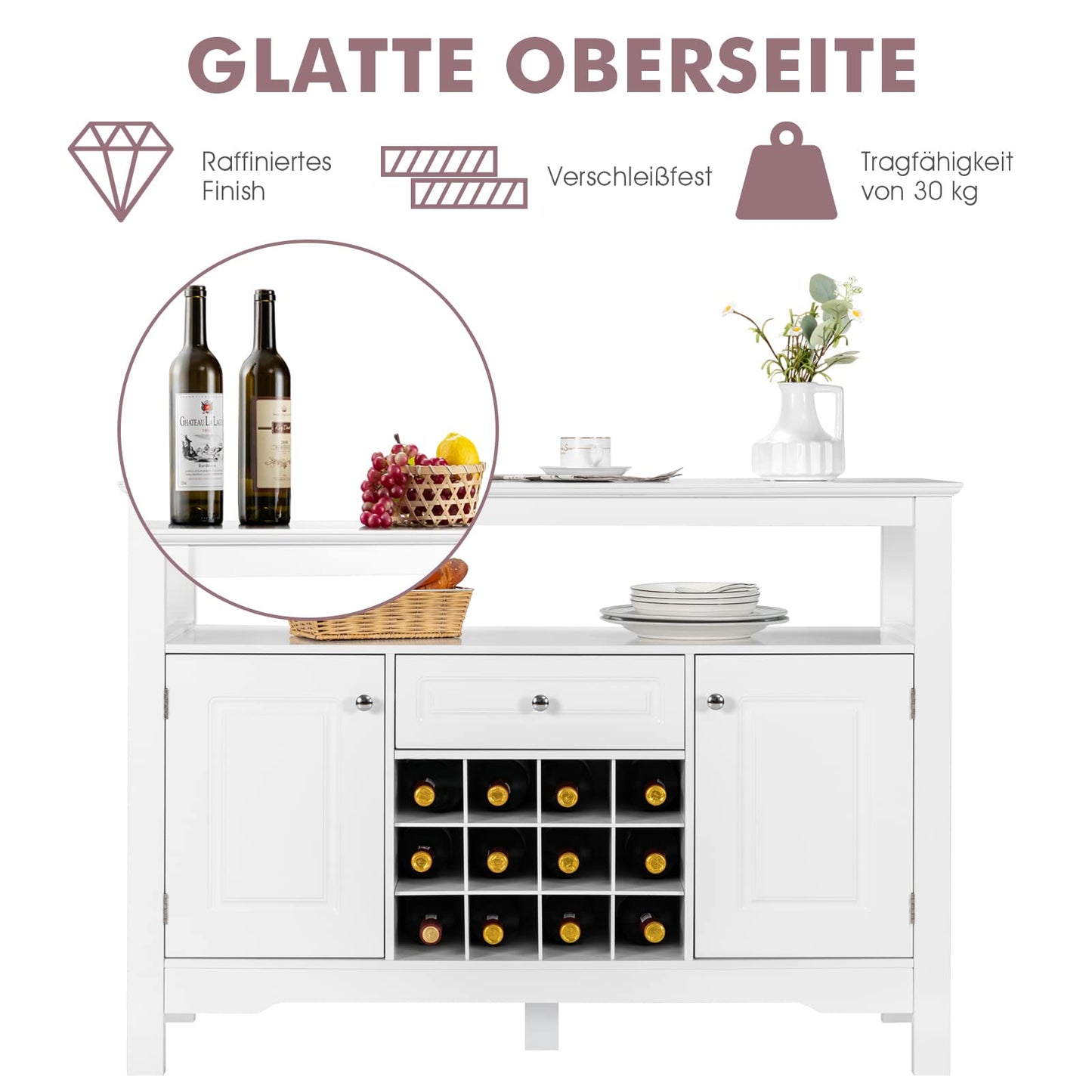 COSTWAY Sideboard Kitchen Cabinet with Doors and Drawers, Wooden Kitchen Chest of Drawers, Buffet Cabinet, Storage Cabinet, Side Cabinet, Wine Cabinet, 116 x 40 x 82 cm (White)