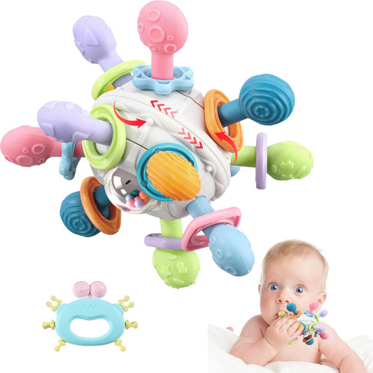Grab Ball Baby Toy, Sensory Teether Toys, Silicone Teether Motor Skills Toy, Montessori Early Education, Baby Rattle Baby Toy for Babies 3-18 Months