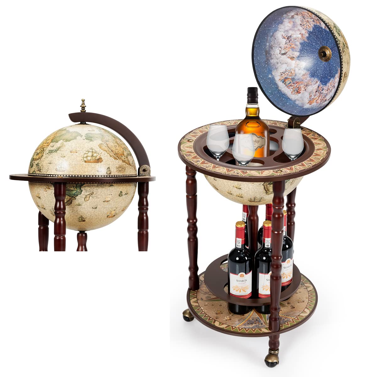 RELAX4LIFE Globe Bar on Wheels, Bar Trolley with World Globe, Bar Table Solid Wood, Serving Trolley with Wine Bottle Holder, Mobile Cocktail Bar, Antique Look, Decorative Mini Bar Serving Table