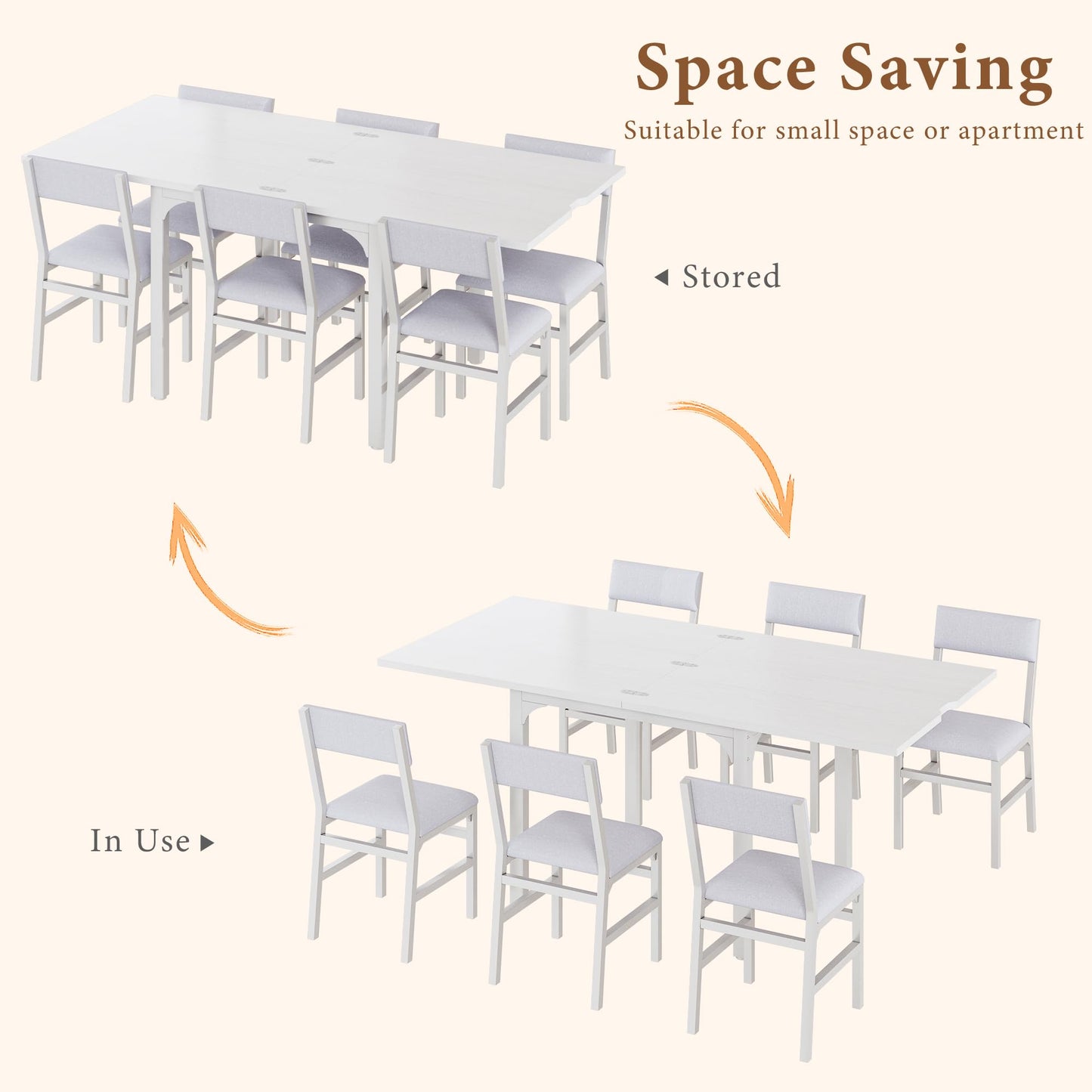 7-Piece Dining Table Set for 4-6, Extendable Kitchen Table Cushion Chairs Set of 6 with 6 Chairs, Rectangle Dining Table with Metal Frame & MDF Board, Folding for Small Apartment Saving Space,Grey Oak