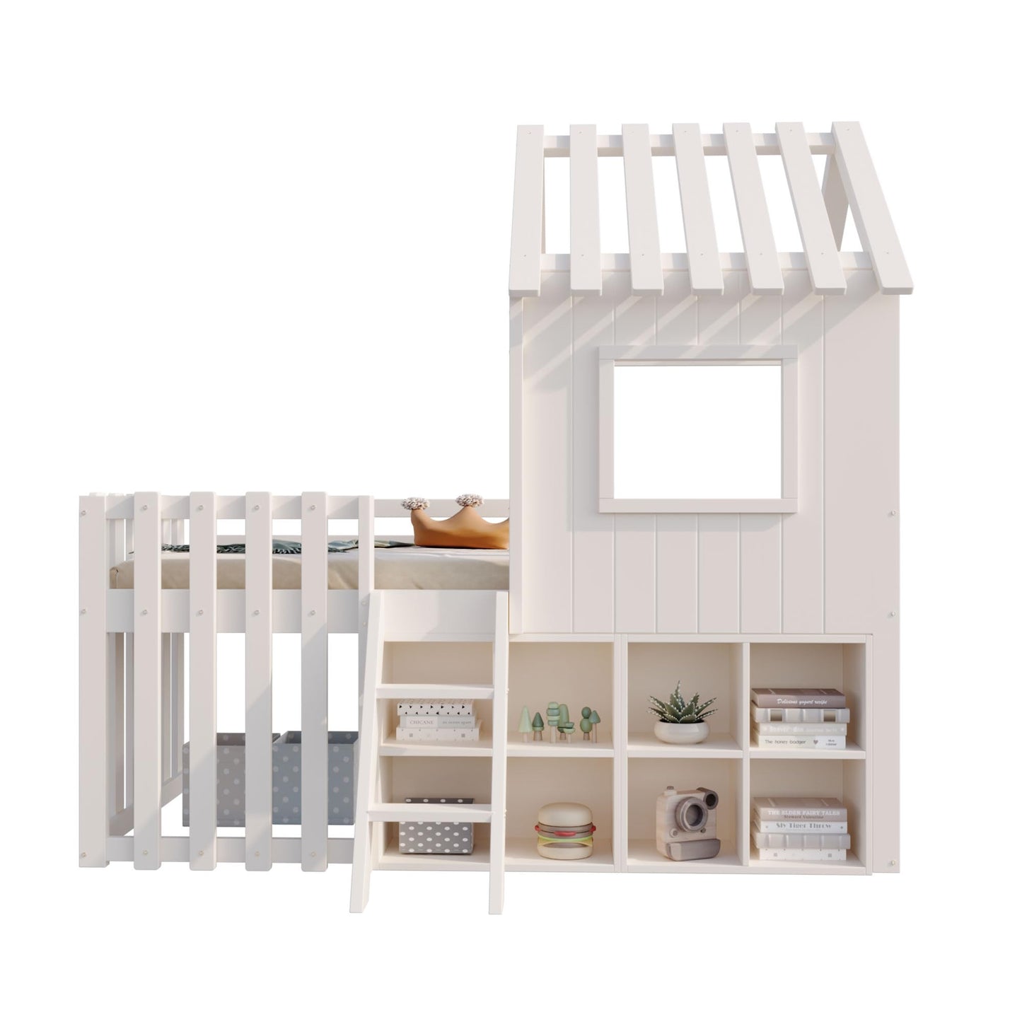 Children's Bed, House Bed 90 x 200 cm, Children's Bed Frame with Roof and Window, with Open Storage Space, with Climbing Ladder, Slatted Frame, Solid Wood Bed, Wooden Bed without Mattress (White)