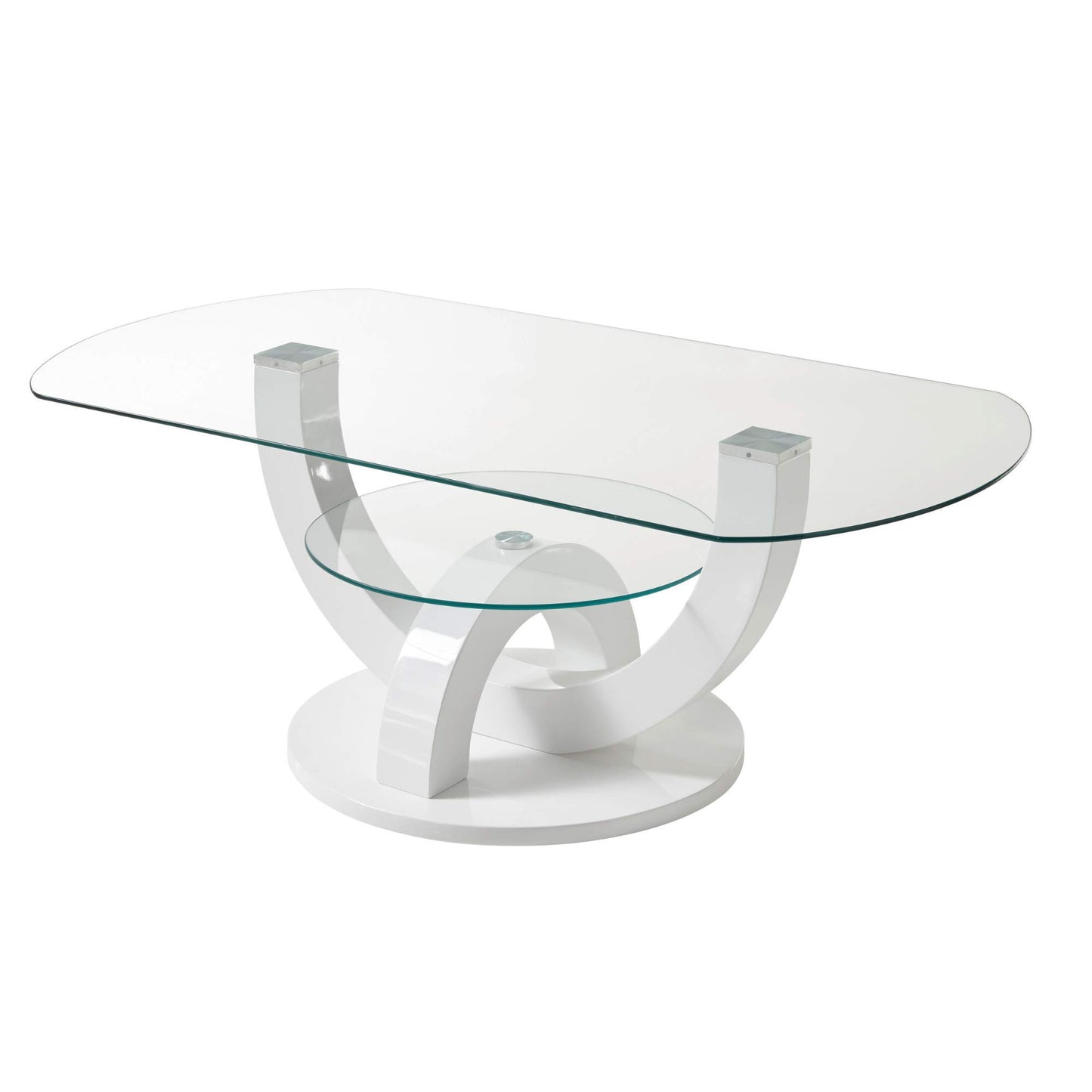 Stella Trading Glass Coffee Table in High Gloss White - Stylish Glass Table with Shelf and Curved Frame in U-Shaped for Your Living Area - 110 x 40 x 60 cm (W x H x D)