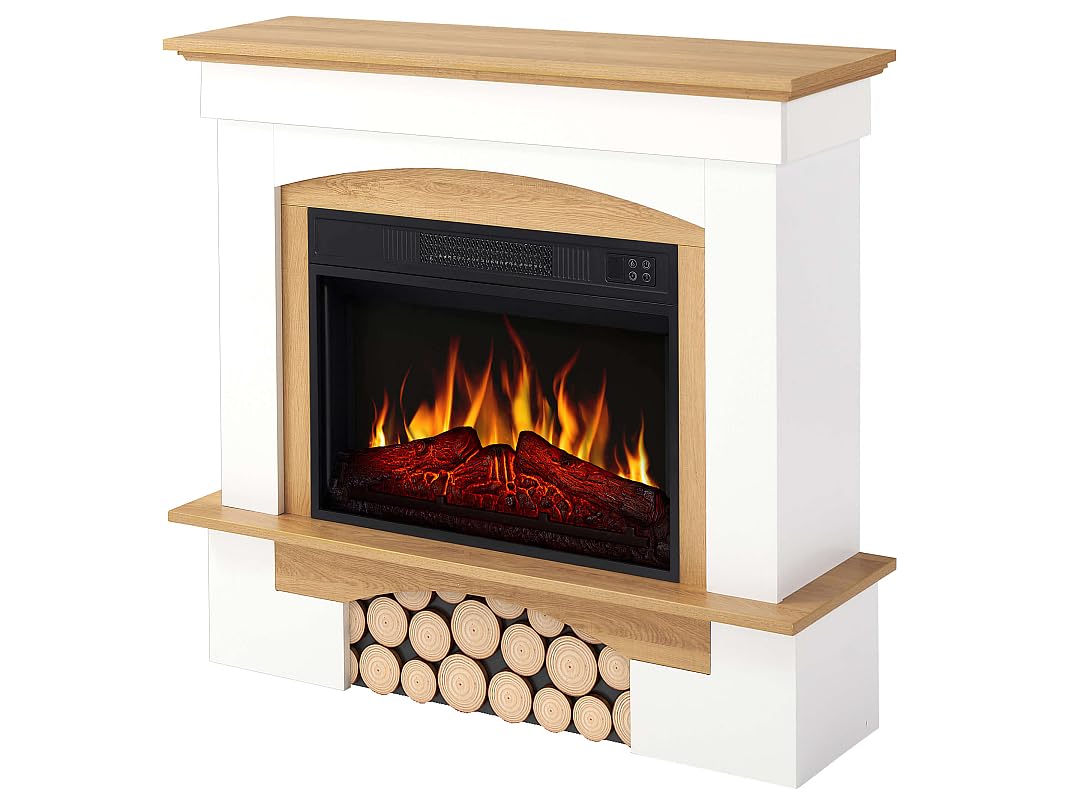 Woodley AF23BS White Brick Effect Electric Fireplace with LED Flame Effect, Heating up to 30 m², Remote Control, Realistic Design, Energy Saving, Freestanding, Grey Oak