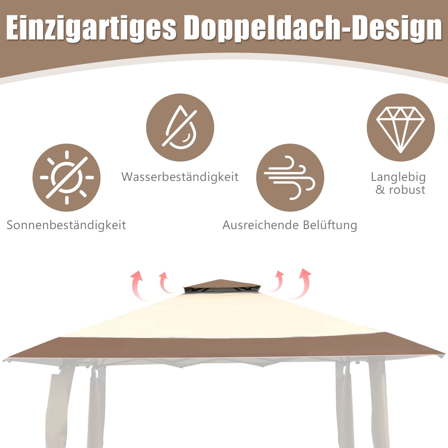 COSTWAY Gazebo 4 x 4 m, Pop-Up Folding Gazebo with Double Roof, Waterproof, Stable, UV Protection 50+, Garden Gazebo with Carry Bag on Wheels, Garden Tent for Patio, Garden (Grey)