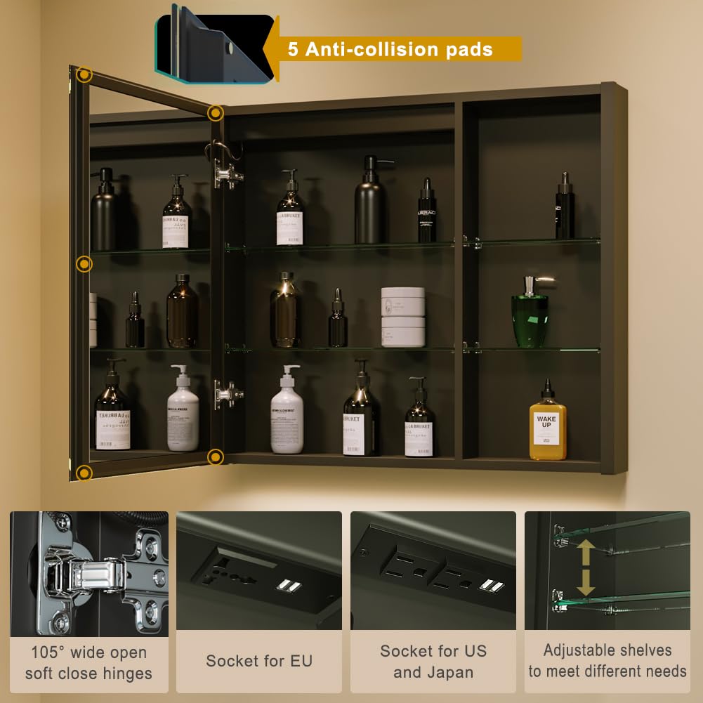 KWW LED Beleuchtetes Badezimmer Medizin Kabinett mit Spiegel, Farbtemperatur Einstellbar, Anti-Nebel Dimmbare Lichter, Steckdosen für USBs (75 x 70 cm)