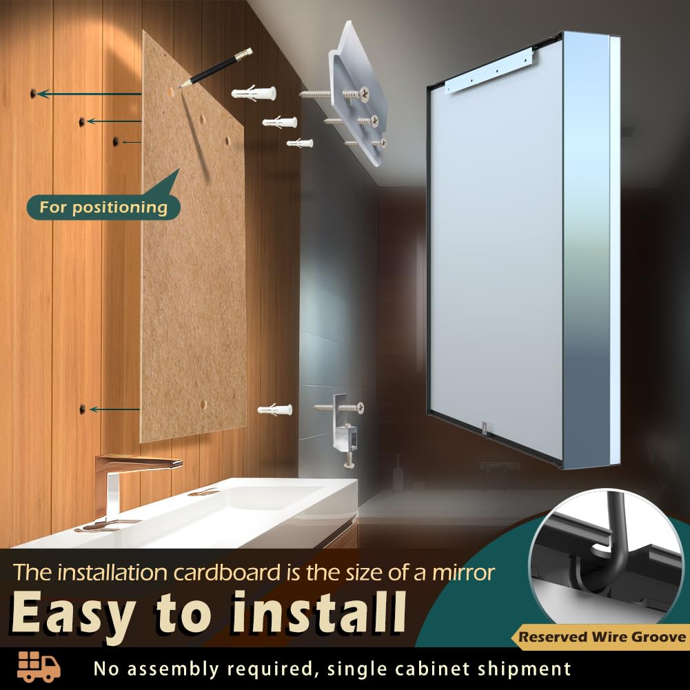 KWW LED Beleuchtetes Badezimmer Medizin Kabinett mit Spiegel, Farbtemperatur Einstellbar, Anti-Nebel Dimmbare Lichter, Steckdosen für USBs (75 x 70 cm)