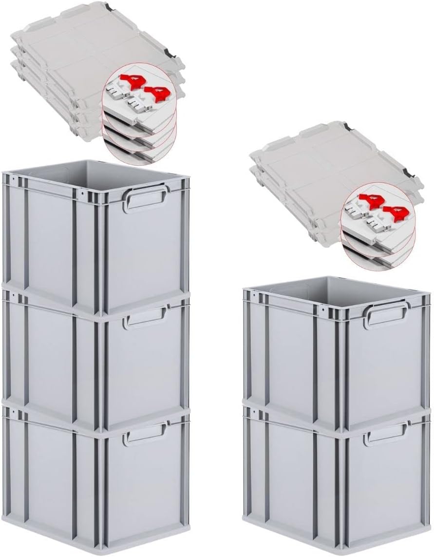 PROREGAL SuperSparSet 3 x Eurobox NextGen Grip with Lid and Yellow Clasps, H x W x D 32 x 40 x 60 cm, 65 Litres, Open Handles, Reinforced Base, Euro Container, Transport Box