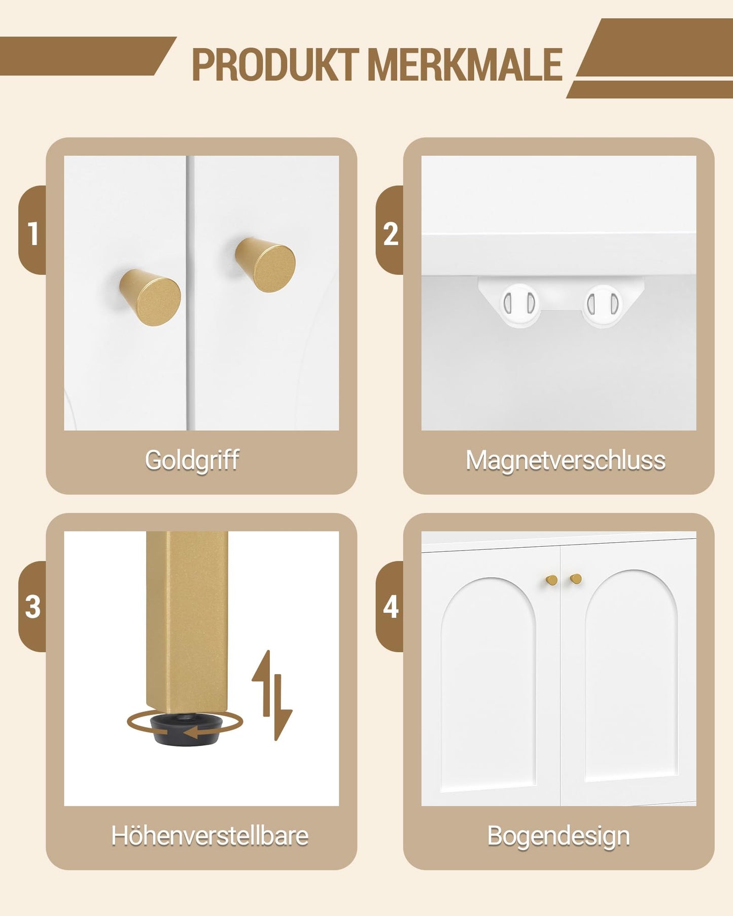 Hzuaneri SC10203G Bathroom Cabinet, Kitchen Cabinet with 2 Doors, Side Cabinet, Sideboard with Open Compartment, Chest of Drawers, Adjustable Shelf, Bathroom, 35 x 100 x 75 cm, White Gold