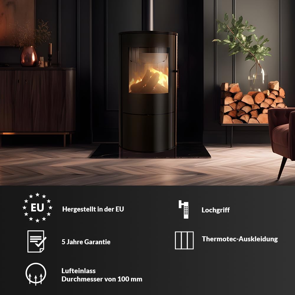 KRATKI Fireplace Made of Steel Rollo Ready Set Diameter 150 7 kW with Indoor Air Independent, Blass Cladding, Freestanding, BImSchV 2, Dust Outlet, 150 mm, EEK A Fireplace HKI