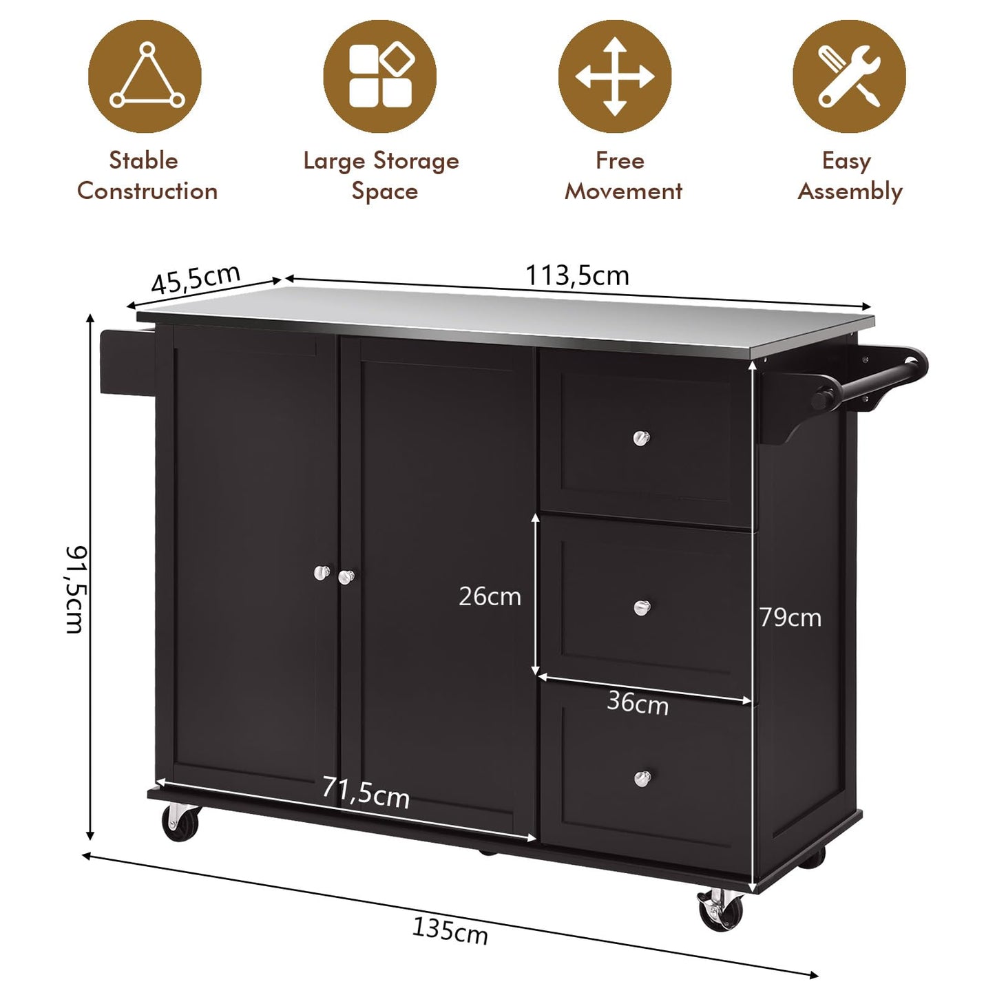 KOMFOTTEU Movable Kitchen Island with Stainless Steel Worktop, Kitchen Trolley with 3 Drawers & Towel Rail & Adjustable Shelf, Kitchen Cabinet on Wheels, Kitchen Trolley 135 x 45.5 x 91.5 cm (Black)