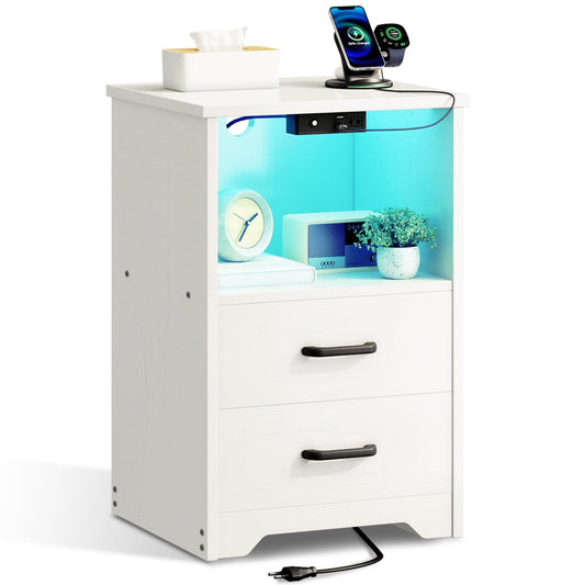 Coleshome Bedside Table with 2 Sockets and 2 USB, Bedside Tables with 10 Colours LED, Bedside Table White with 2 Wooden Drawers and Storage Space, 1 Pack