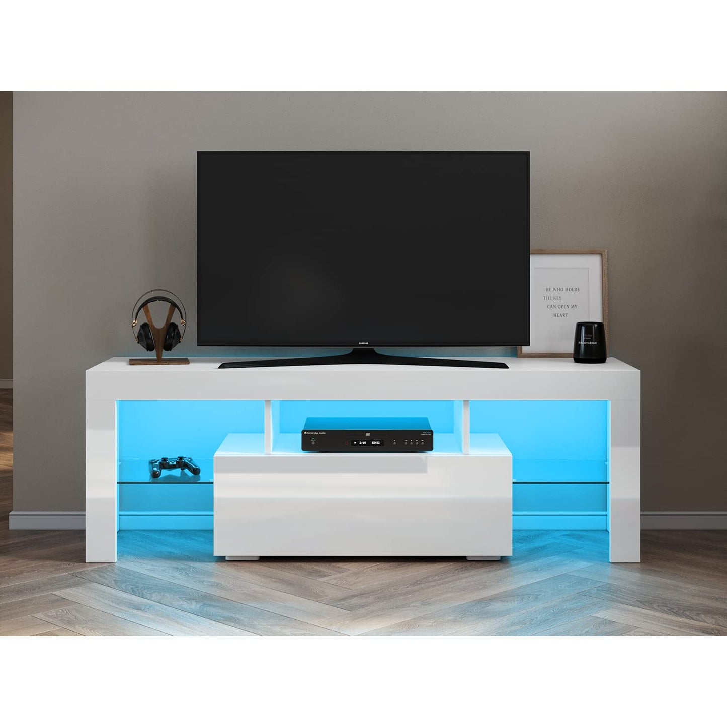 SONNI TV Board White, Handle-less Design, TV Cabinet High Gloss, TV Stand with LED Lighting, 12 Colours Can Be Adjusted, TV Shelf, Lowboard for TVs up to 65 Inches, 130 x 35 x 45 cm