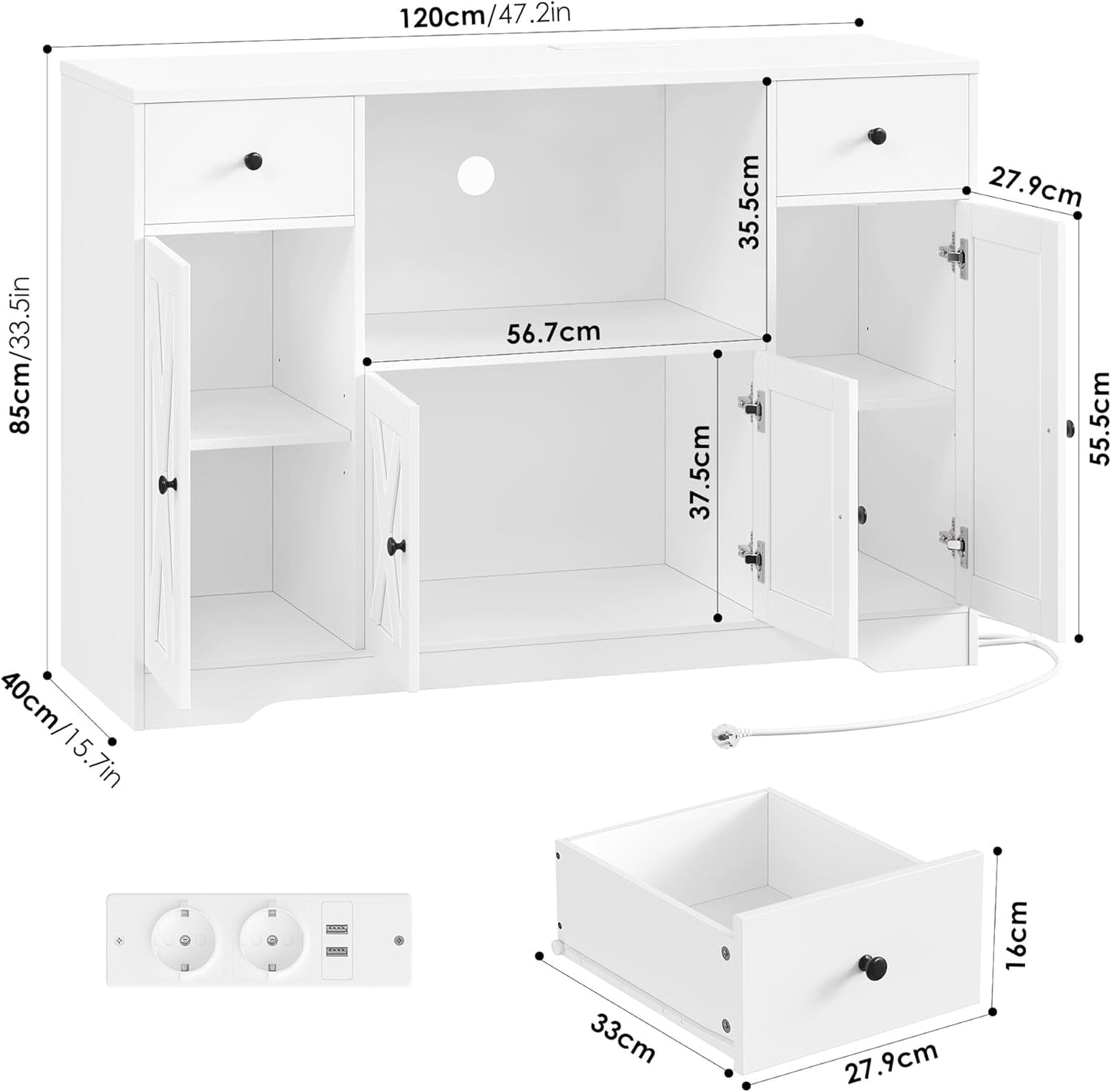 HOCSOK 120 cm Sideboard Kitchen, Kitchen Cabinet with Socket and Microwave Shelf, Storage Cabinet Buffet Cabinet with Adjustable Shelves for Kitchen, Dining Room, Living Room, 120 x 85 x 40 cm