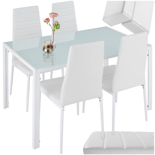 tectake Dining Set Table and Chairs, Dining Table and 4 x Chairs, Durable Faux Leather, Safety Glass Table Top, Modern Kitchen Chairs - Black