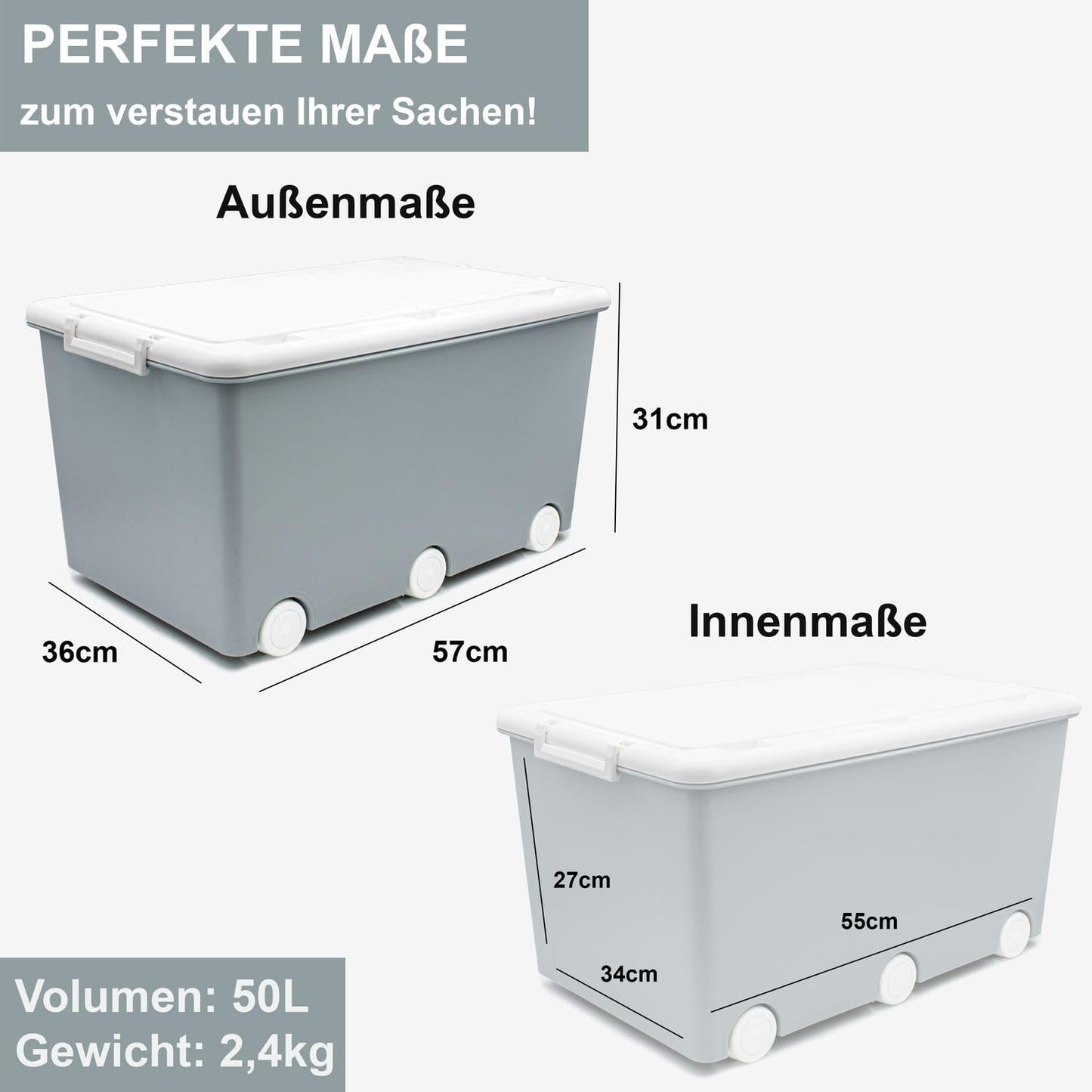 Babykajo 3 Storage Boxes with Lid and Wheels 50 L - Stacking Boxes with Lid Opaque - Plastic Box with Lid for Closing - Boxes Storage with Lid