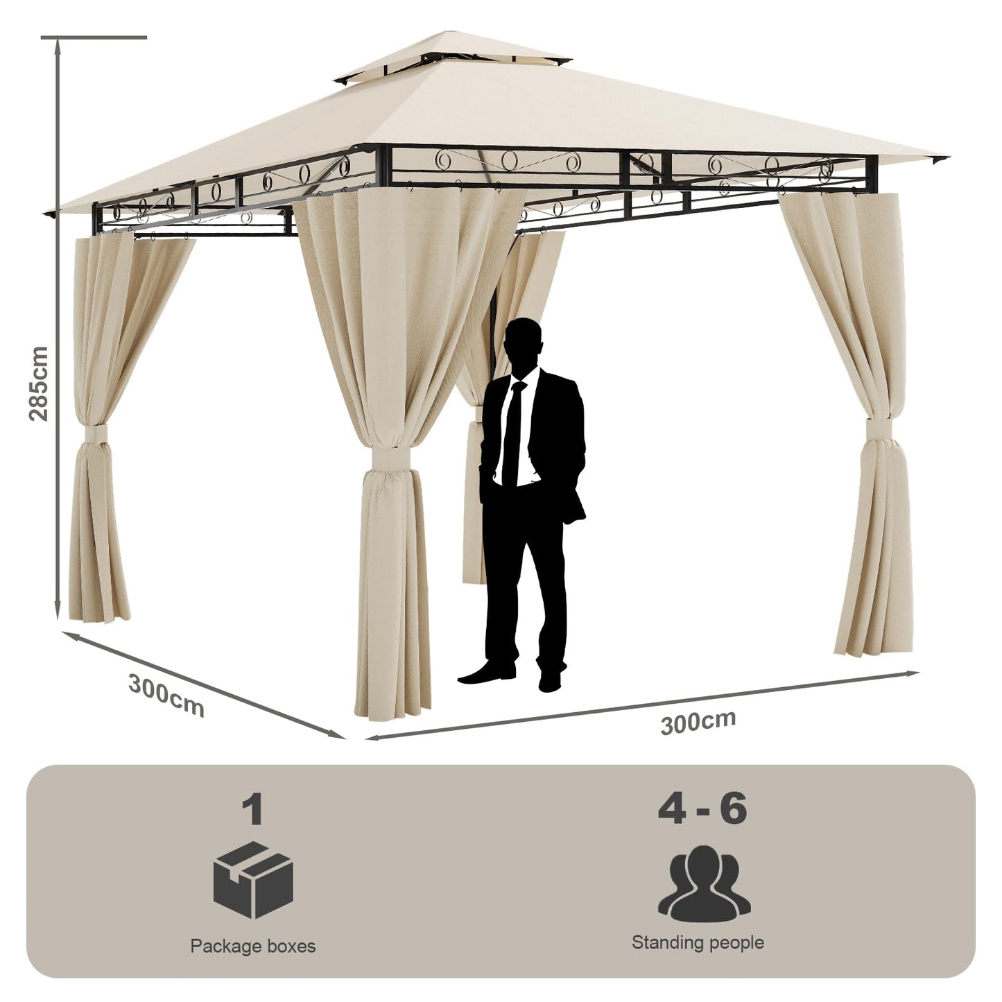 Devoko Garden Gazebo 3 x 3 Waterproof Stable Winterproof Deluxe Gazebo, UV Protection 50+ Double Roof Party Tent, Garden Tent, Patio Gazebo for Festivals, Events, Parties for 4-6 People, Beige
