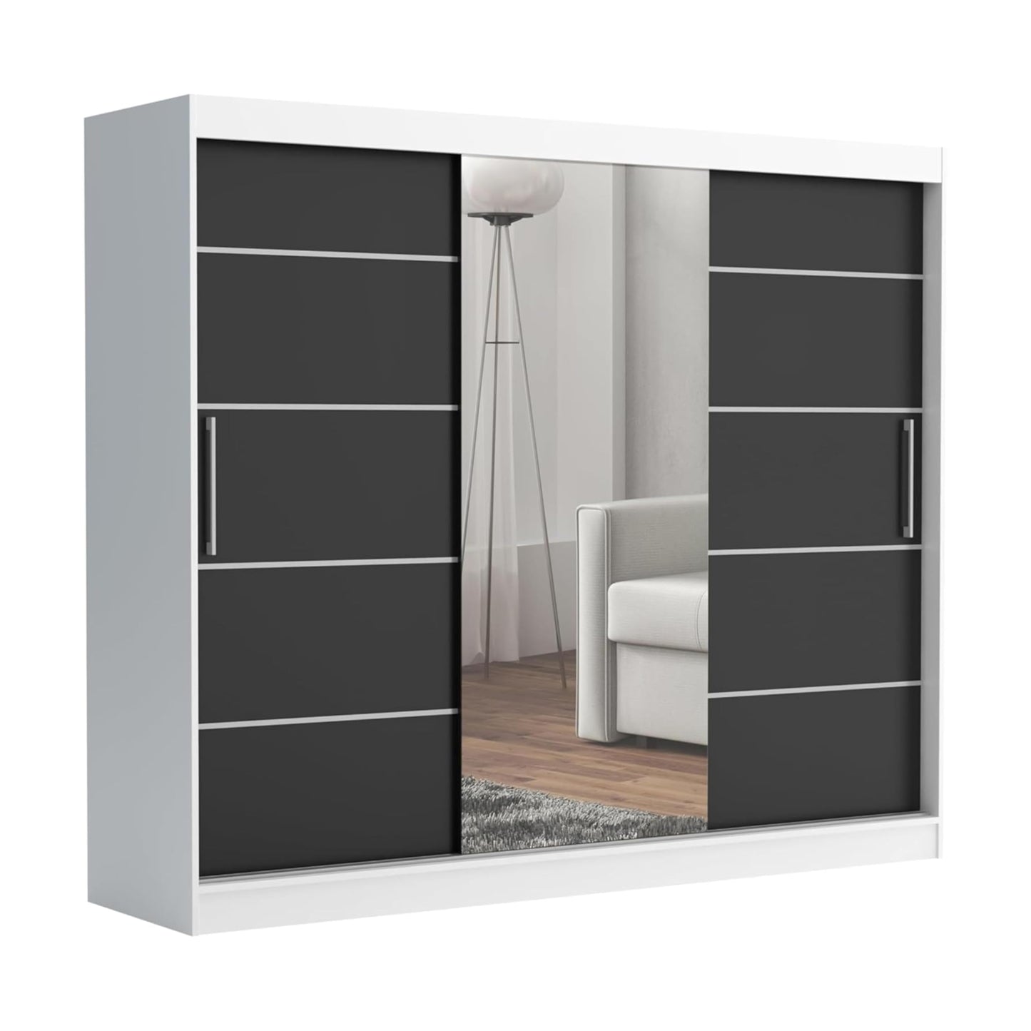 Brent - Kleiderschrank mit Spiegel und Schubladen 235cm Breit Chelsea Tomy, Schwebetürenschrank mit Spiegel, Schlafzimmerschrank, Kleiderschrank Schwarz