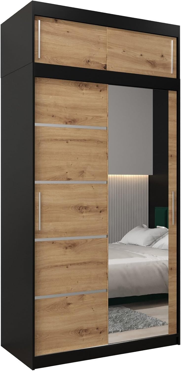 MEBLE KRYSPOL Verona 2, 250 cm Bedroom Wardrobe with Three Sliding Doors, Mirror, Clothes Rail and Shelves, 250 x 200 x 62 cm, Matt Black
