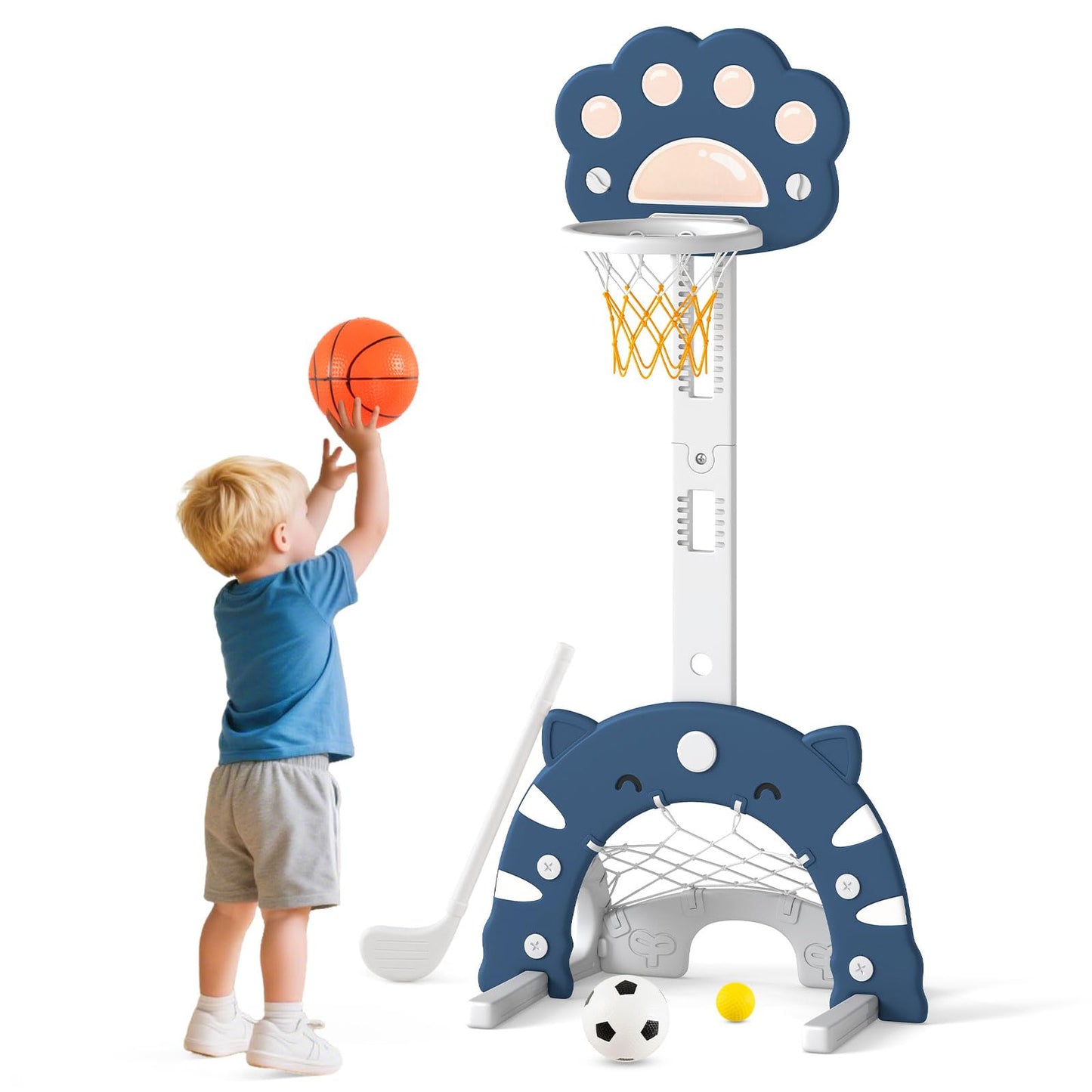 COSTWAY 3-in-1 Children's Basketball Hoop, Basketball Stand with Basketball & Football & Golf Game, Indoor Outdoor Basketball Game with Adjustable Height & Foldable Basket, for Children from 3 Years
