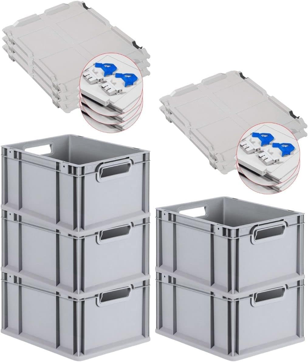 PROREGAL SuperSparSet 3 x Eurobox NextGen Grip with Lid and Yellow Clasps, H x W x D 32 x 40 x 60 cm, 65 Litres, Open Handles, Reinforced Base, Euro Container, Transport Box