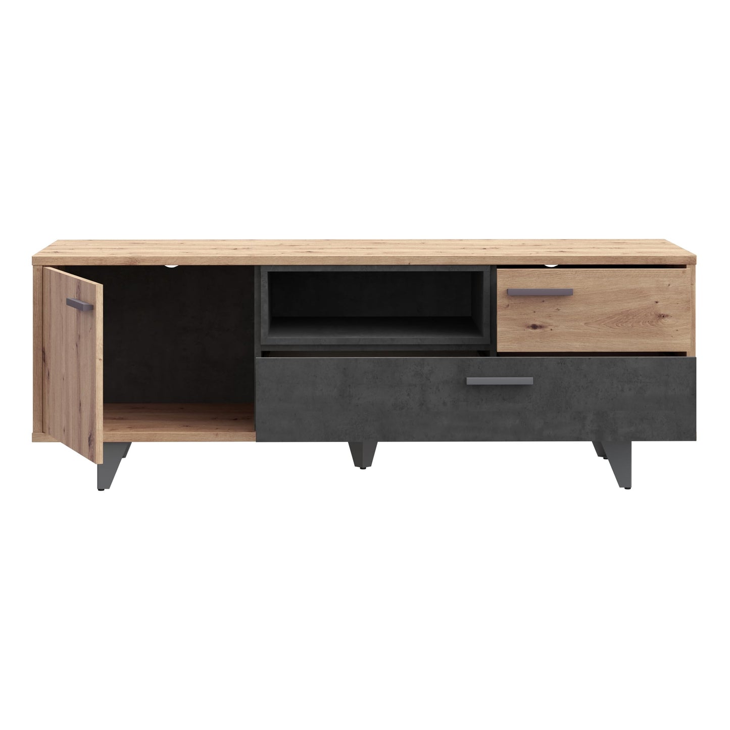 Forte TREBBIA TV Cabinet 150 160 Modern Cabinet with 2 Drawers Lowboard TV Rack Wood Composite Concrete Look Dark Grey/White High Gloss 152.7 cm Wide x 46.7 cm High x 51.7 cm Deep