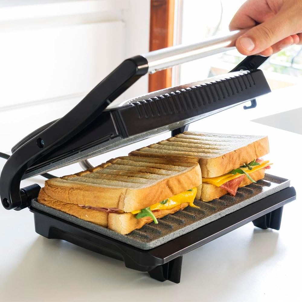 Cecotec Rock'n Grill Electric Grill with Grill, 700 W, Surface 23 x 14.5 cm, Non-Stick Coating, PTFE Free, PFOA Free, Floating Plate, Cold Handle, Light Indicator, Vertical Storage