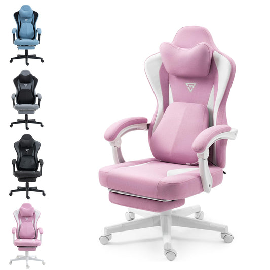 Vigosit Gaming Chair with Heated Massage Lumbar Support, Fabric Gamer Chair with Bag Spring Cushion and Footrest, Horse and High Gamer 150 kg Load Capacity (Pale Pink)