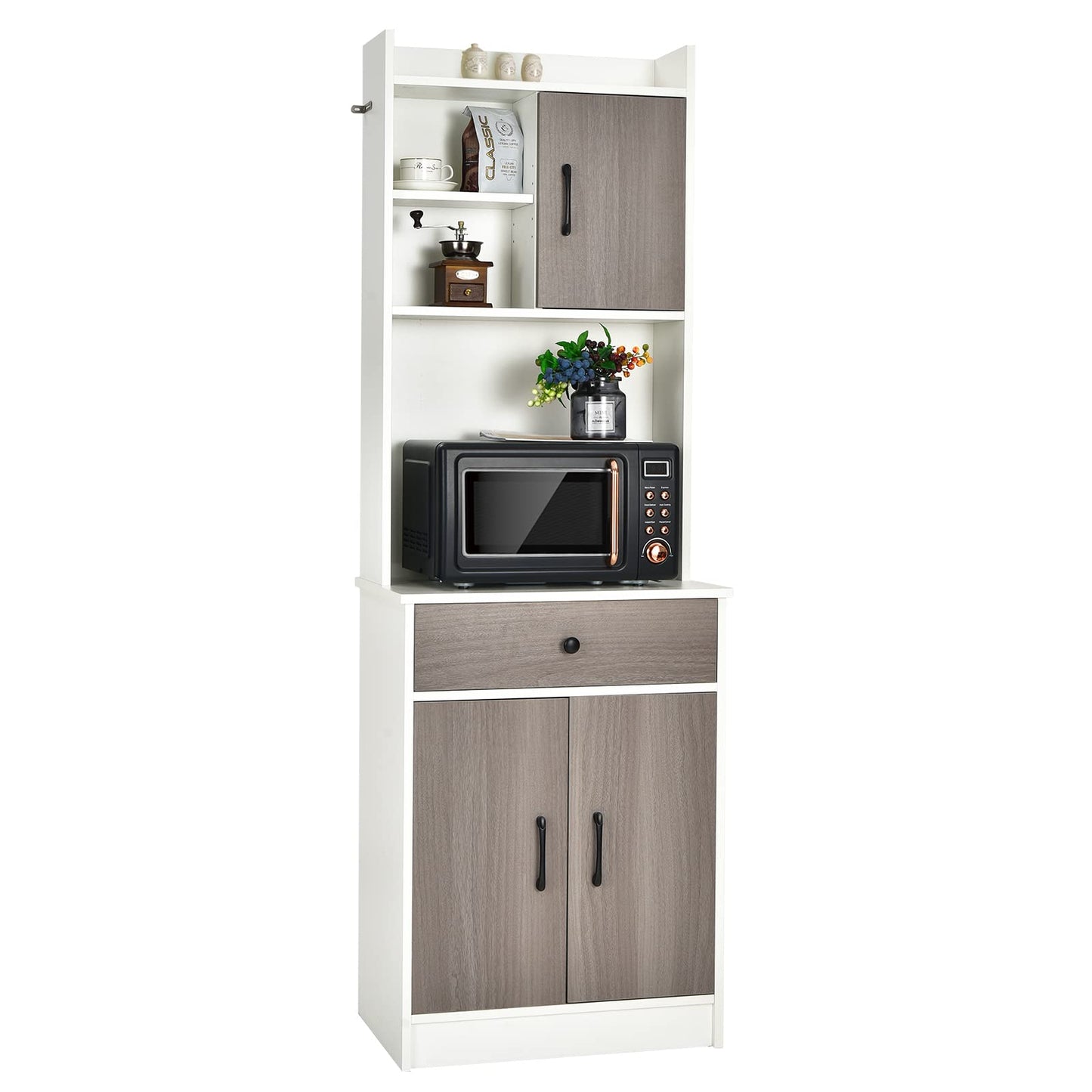 COSTWAY Kitchen Cabinet, Buffet Cabinet with Drawer, Adjustable Shelves and Cable Hole, Tall Cabinet Kitchen Wood, Large Open Space for Microwave, Freestanding, 60 x 40 x 180 cm (White)