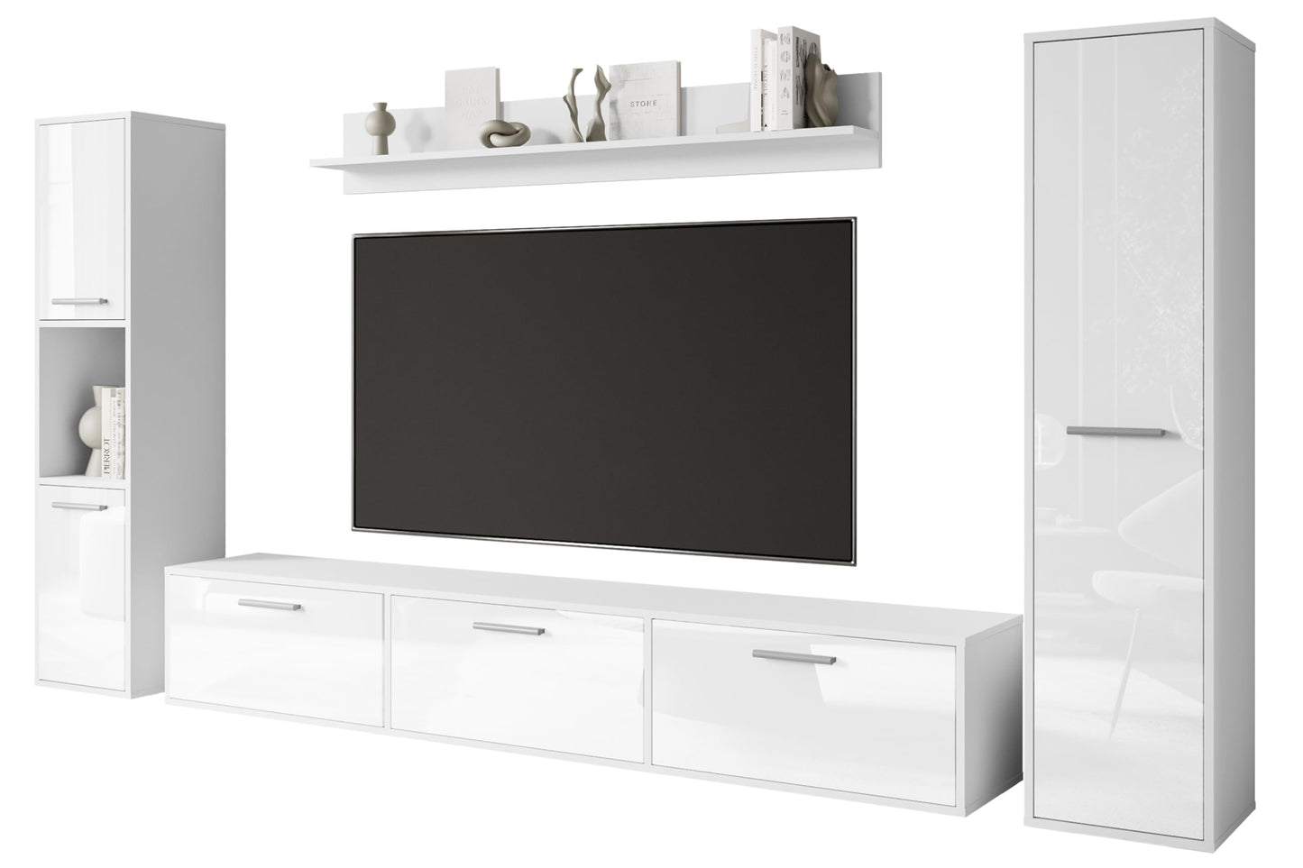 MINIO go for it - Living Room Wall Unit 4-Piece Toga, Living Room Furniture Set, 1 x TV Lowboard, 2 x Tall Cabinet, 1 x Wall Board, Living Room Furniture Complete, Living Room Set - Colour Wotan Oak