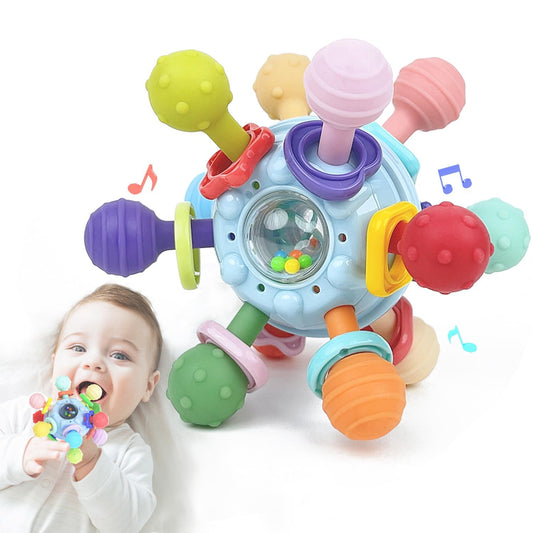 Baby Toy, Baby from 0-3 Months, Silicone Teething Ring, Sensory Rattle Grab Ball, Baby Toy Made of Silicone, Montessori Motor Skills Toy, Baby Rattle for Babies from 3-18 Months