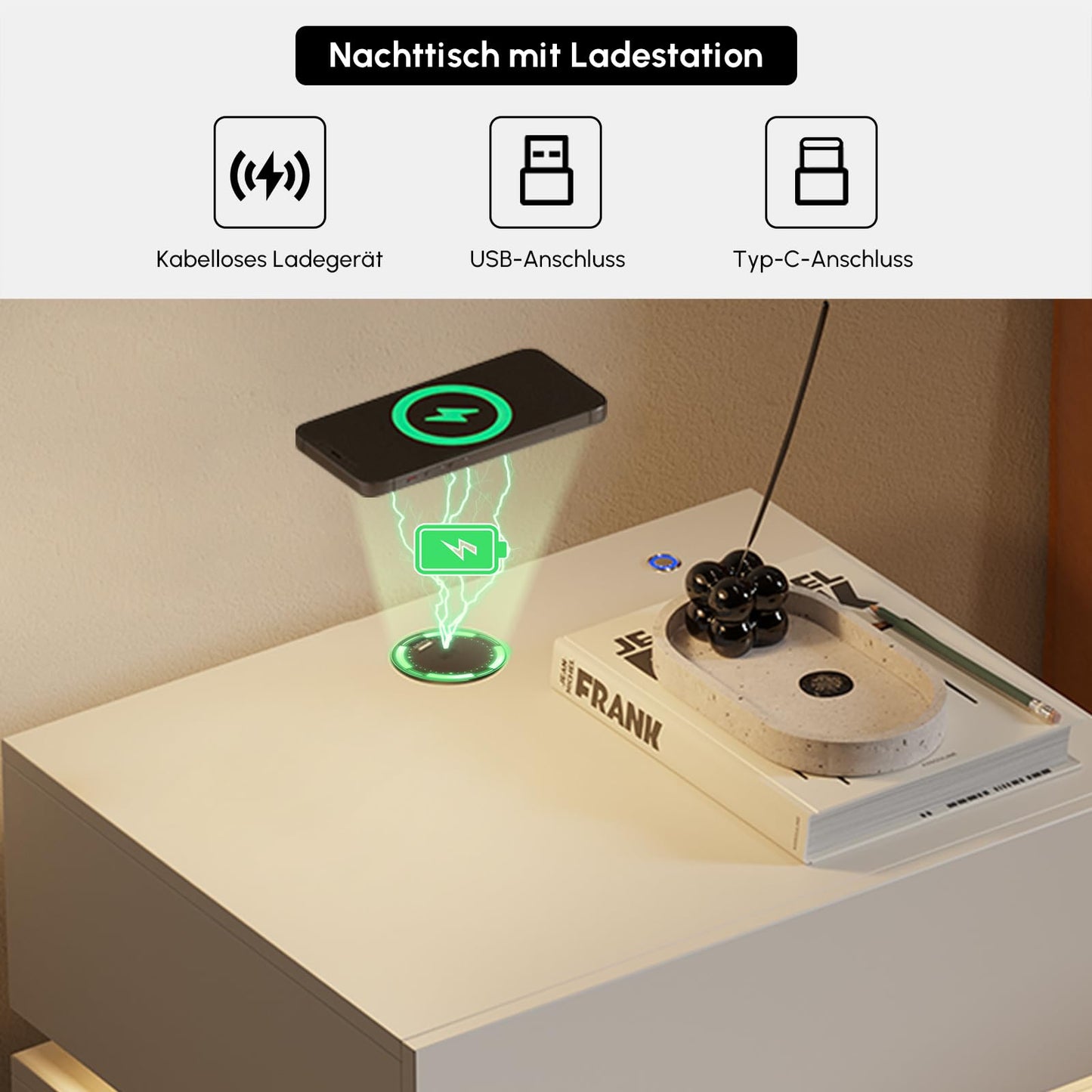 Homary LED Smart Bedside Table with Wireless Charging Station, Bedside Table with Drawers & USB Ports, Modern Bedside Table with LED Lighting for Bedroom (Led White, 3 Drawers)