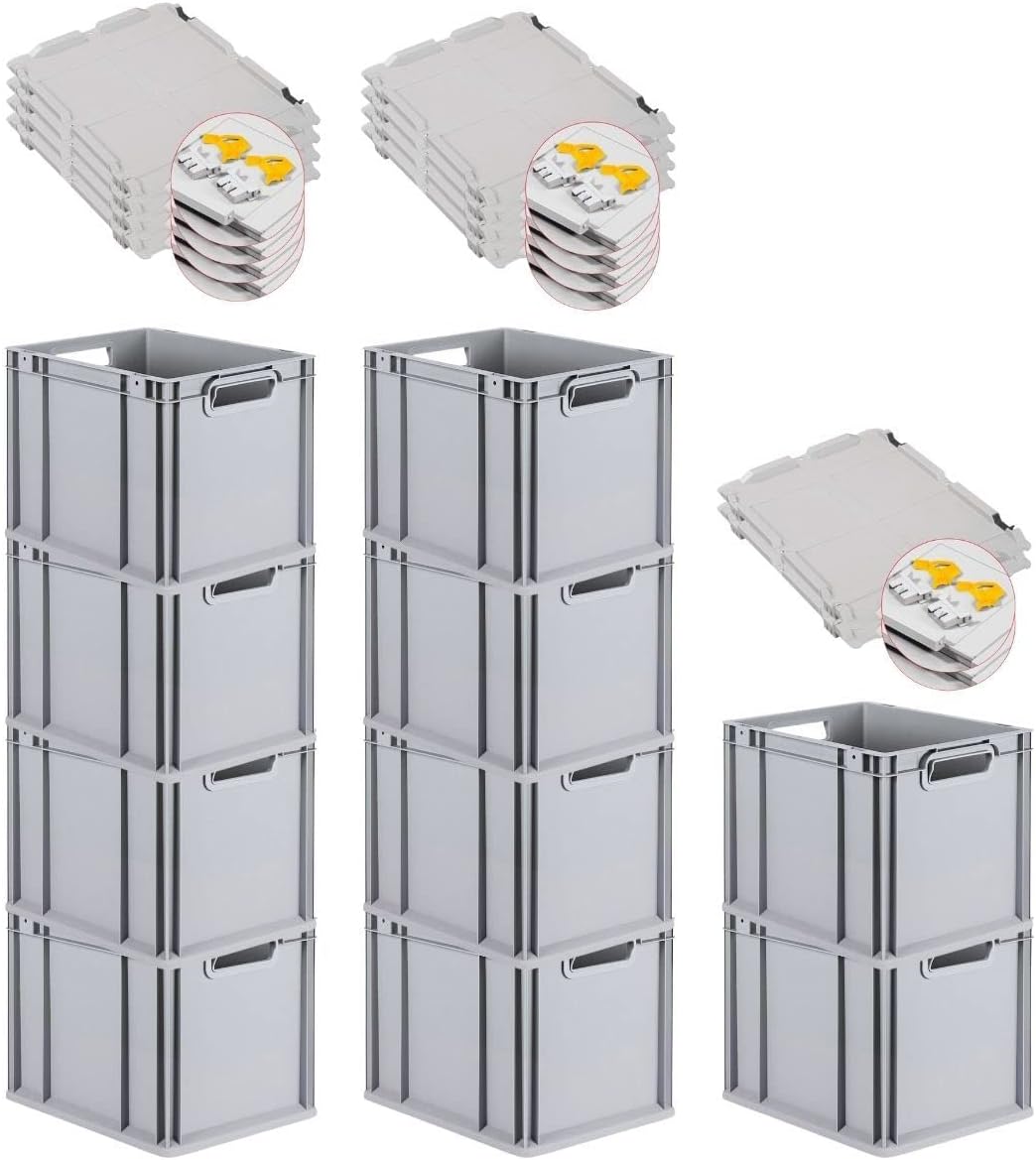 PROREGAL SuperSparSet 3 x Eurobox NextGen Grip with Lid and Yellow Clasps, H x W x D 32 x 40 x 60 cm, 65 Litres, Open Handles, Reinforced Base, Euro Container, Transport Box