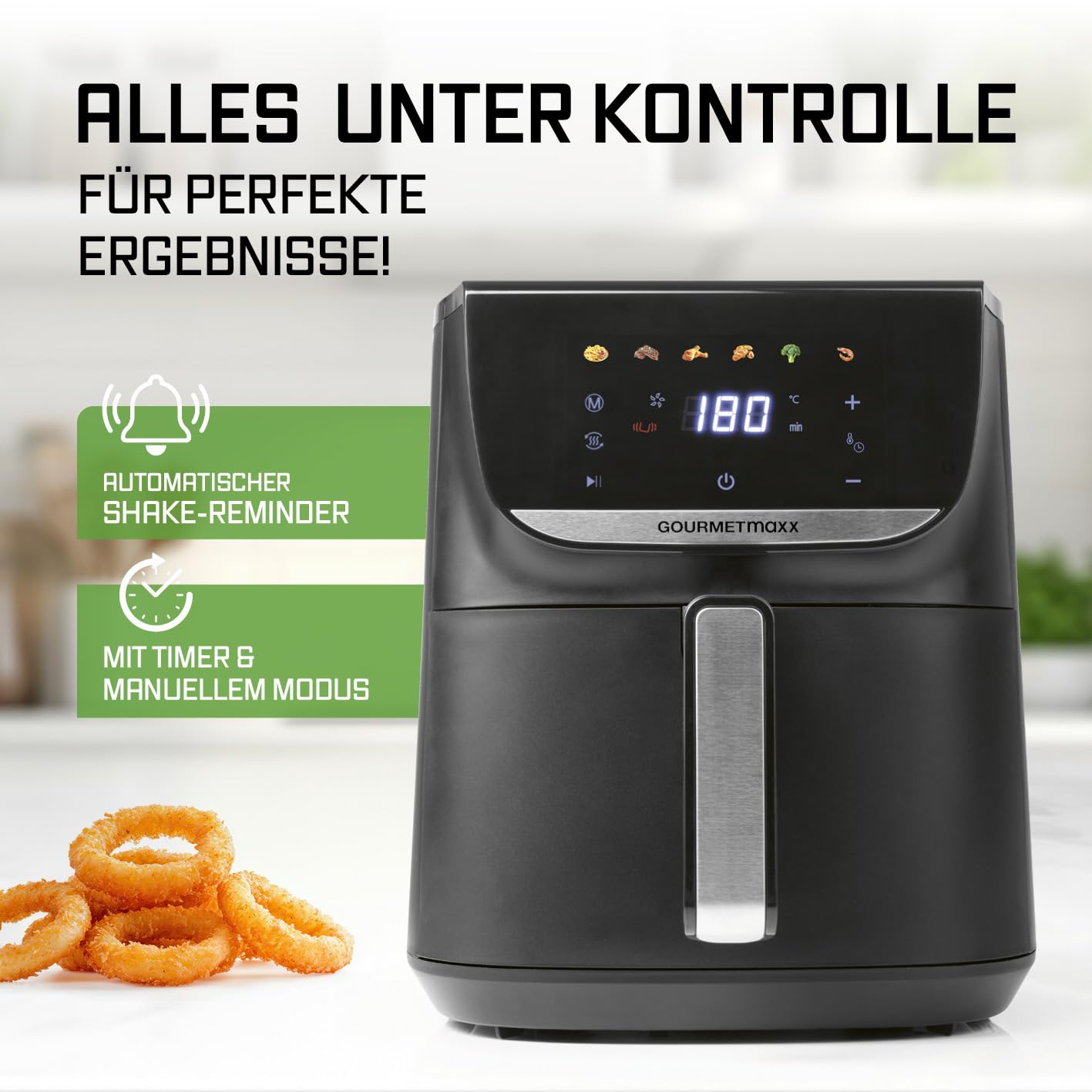 GOURMETmaxx Digitale Heißluftfritteuse 12 L, XXL-Edelstahl-Ofen | Airfryer + Timer, Touchdisplay, Drehspieß | fettarm, energiesparend frittieren | 10 Programme inkl. Pizza | 1800 W