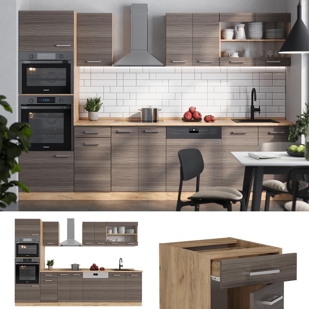 Vicco R-Line Kitchen Unit, High-Gloss Anthracite/Goldkraft Oak, 300 cm with Tall Cabinet, without Worktop