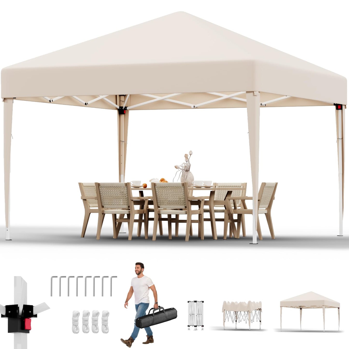 JUMMICO Gazebo Folding Gazebo 2 x 2, Gazebo Height Adjustable Stable Waterproof Winterproof Pop-Up Garden Gazebo UV Protection 50+ Folding Tent for Garden, Courtyard, Camping, Gazebo Beige