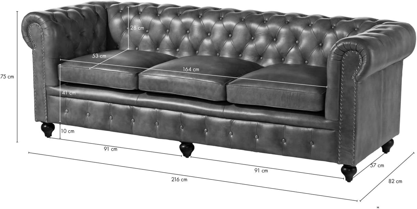 MASSIVMOEBEL24.DE Chesterfield #103 3-Seater Sofa Real Leather 218 x 82 x 76 cm Brown