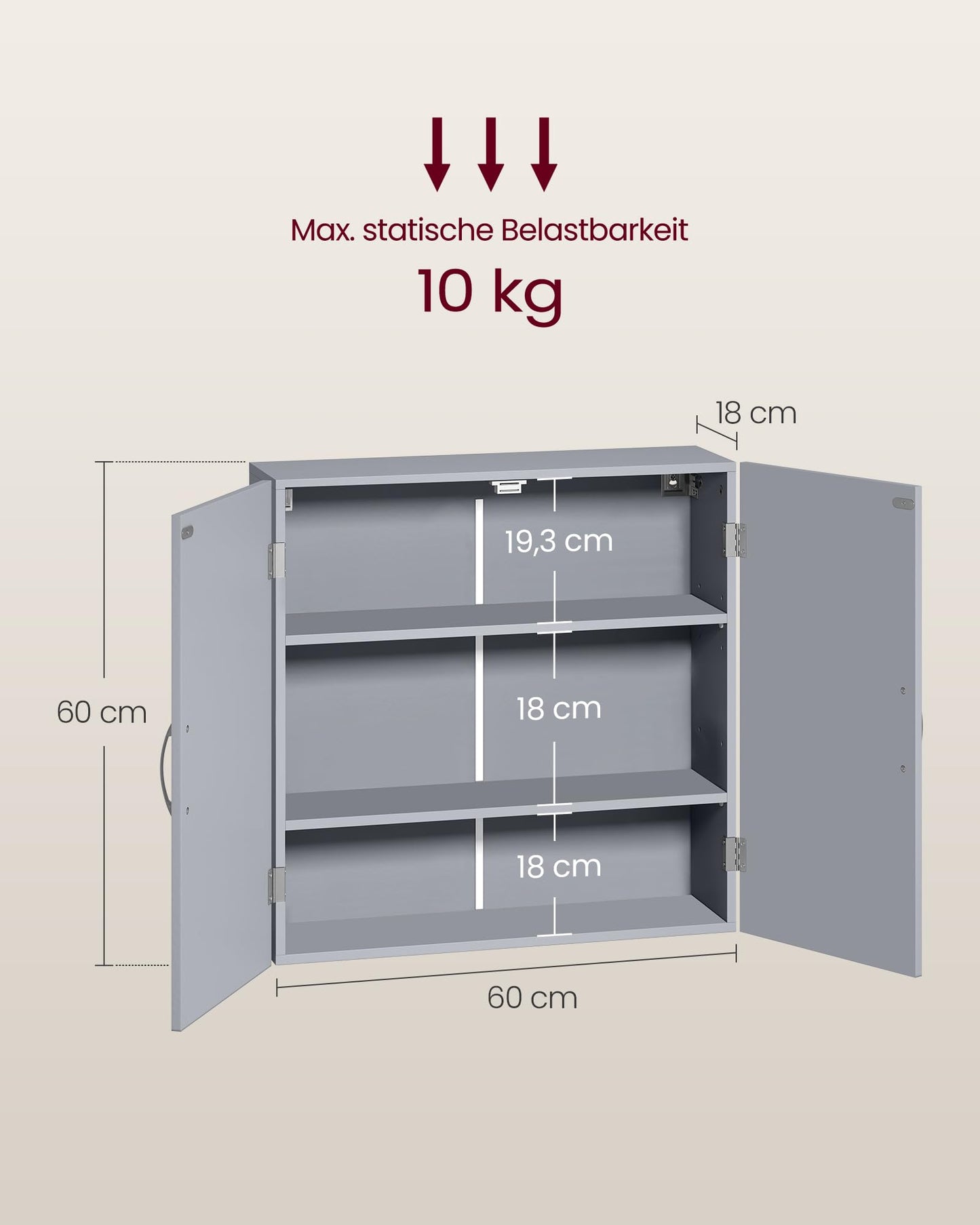 VASAGLE BBC320P36 Wall Mounted Bathroom Cabinet 18 x 60 x 60 cm Wall Cabinet with Adjustable Shelves Dove Grey