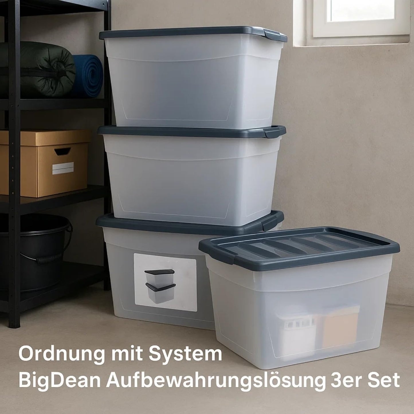 BigDean 3 x 60 L Storage Box with Lid Large Budget Line Plastic Box with Lid